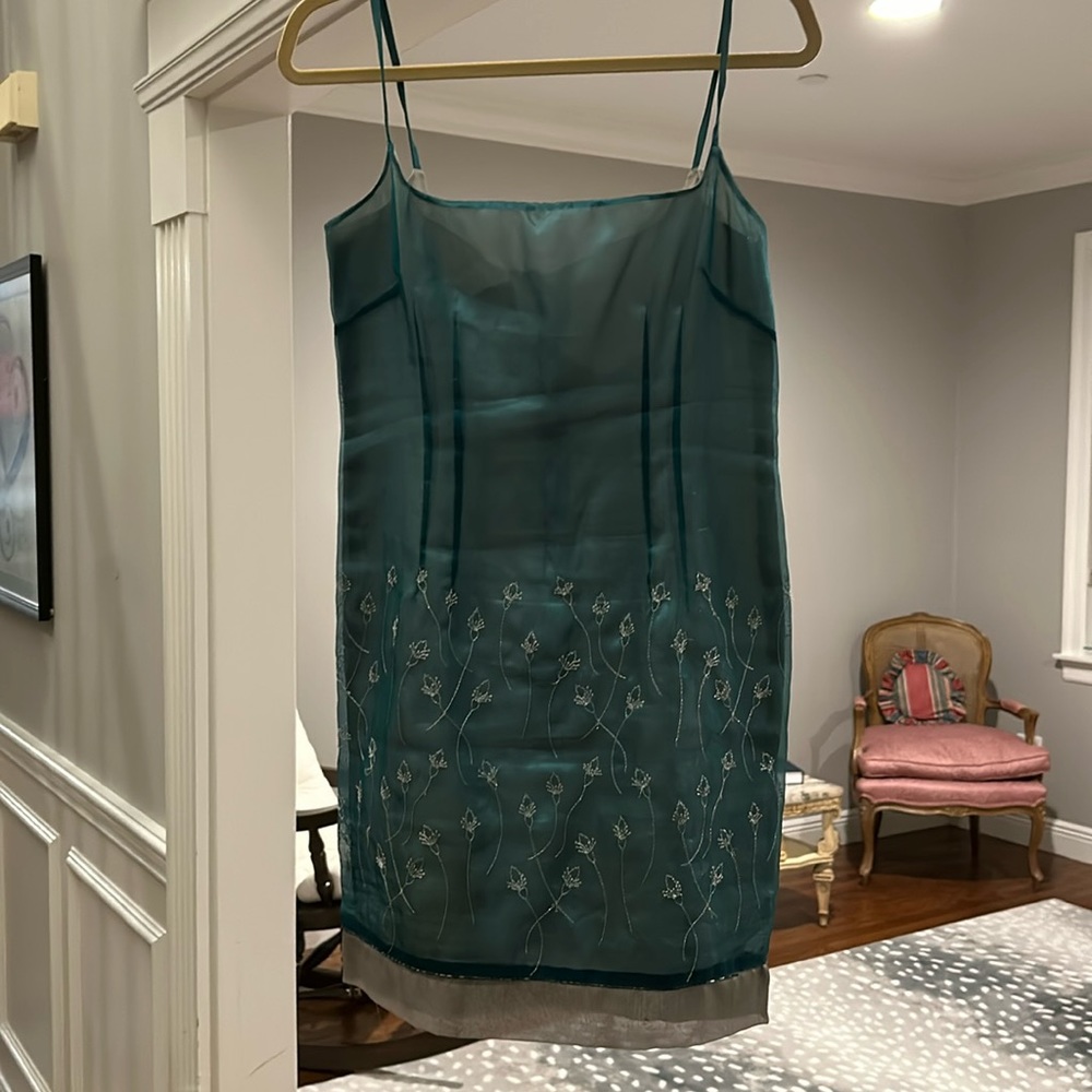 Laundry, Green with silver flower, strappy dress